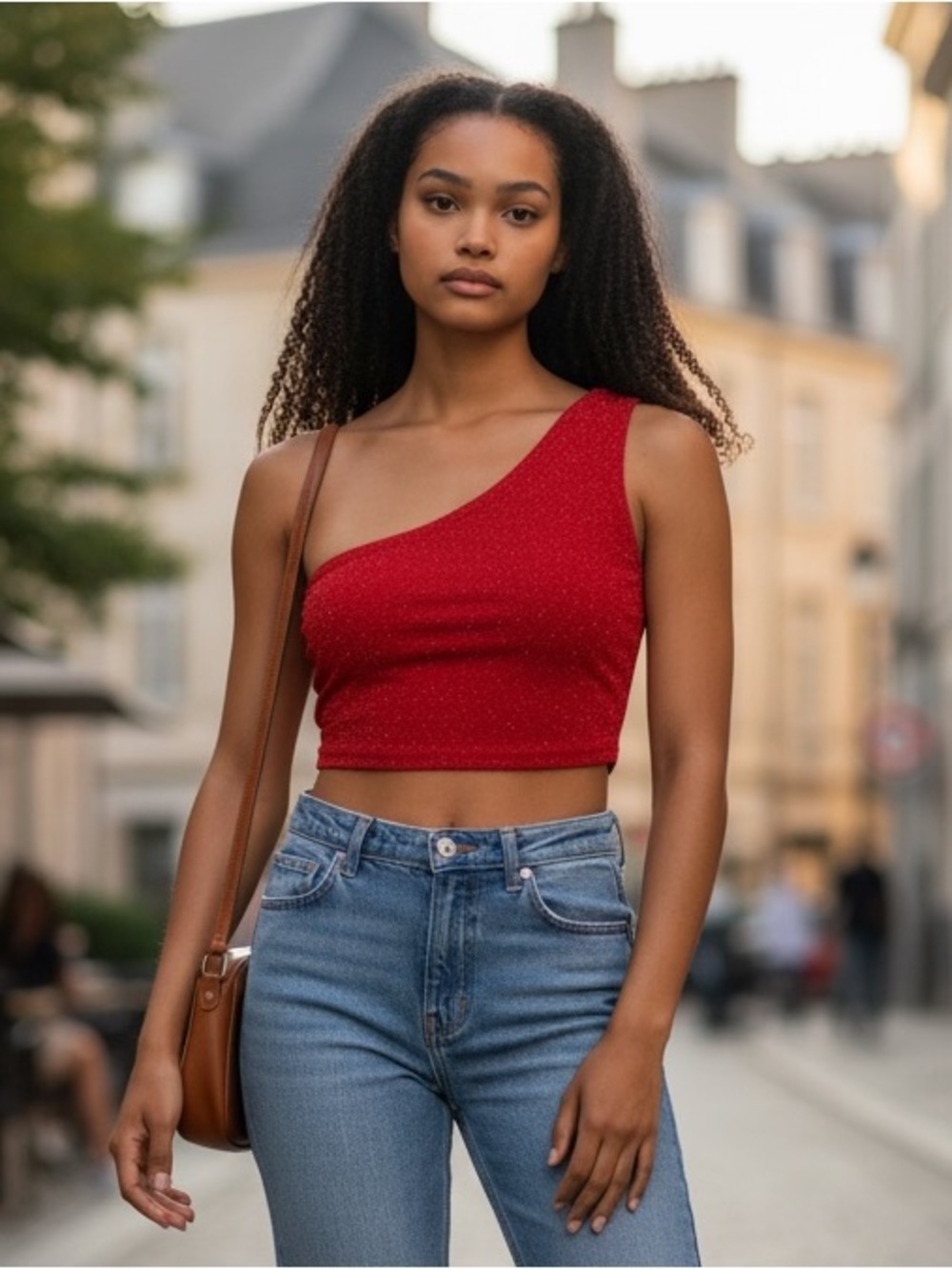 PrettyLittleThing Red Glitter One Shoulder Crop Top US 4 Party Clubwear